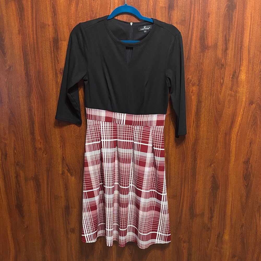 Yathon Black Top with Burgundy and White Plaid Midi Skirt Dress